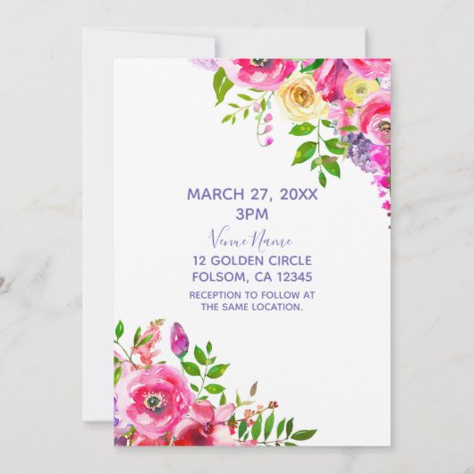 Helle floral Bold rosa Frühling Botanische Hochzei Einladung (Rückseite)
