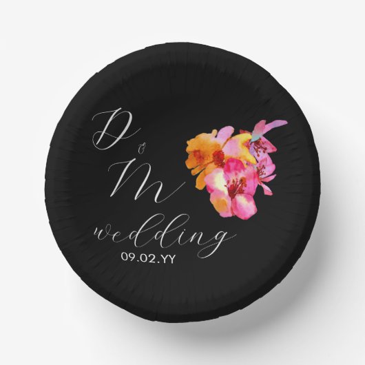 Helle, florale, farbige Monogramm-Schwarze Hochzei Pappteller (Vorderseite)
