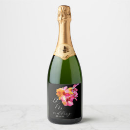 Helle, florale, farbige Monogramm-Schwarze Hochzei Schaumweinetikett