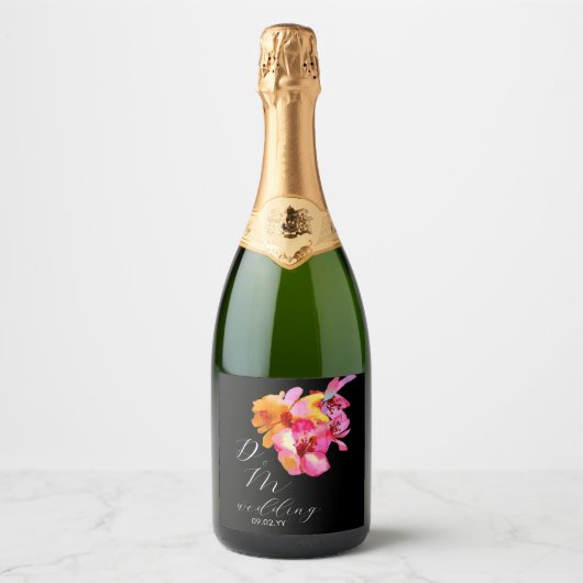 Helle, florale, farbige Monogramm-Schwarze Hochzei Schaumweinetikett (Vorderseite)