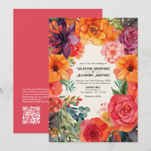 Helle Florale Fiesta-Hochzeit mit QR-Code-Details Einladung
