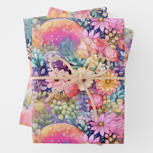 Helle Florals und Niedliche Regenbogen Wasserfarbe Geschenkpapier Set (Beispiel)