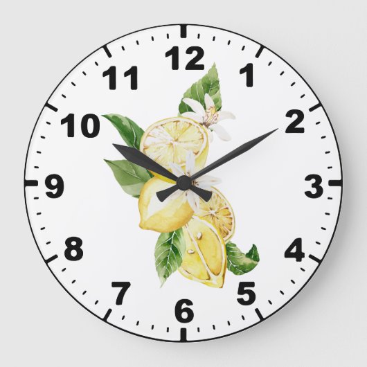 Helle, fröhliche Wasserfarben Zitronen und Pflanze Große Wanduhr (Vorderseite)
