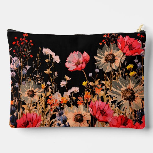 Helle Frühlingsblumen auf schwarzer Monogramm Zubehörtasche (Rückseite)