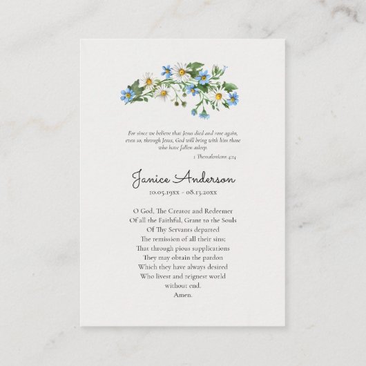Helle Frühlingsblumen katholische Beerdigungskarte Platzkarte (Rückseite)