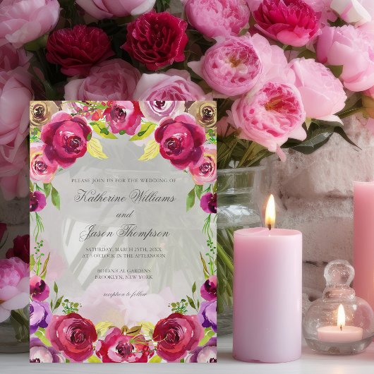 Helle Fuchsia Pink Floral Romantische Hochzeit Pergament Einladungen