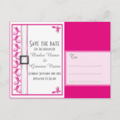 Helle Fuchsienrosa, weiße Spitze Save the Date Ankündigungspostkarte (Rückseite)