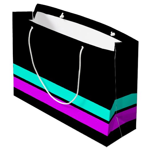 Helle Fun Pink Aqua Base Racing Streifen auf schwa Große Geschenktüte (Rückseite Schrägansicht)