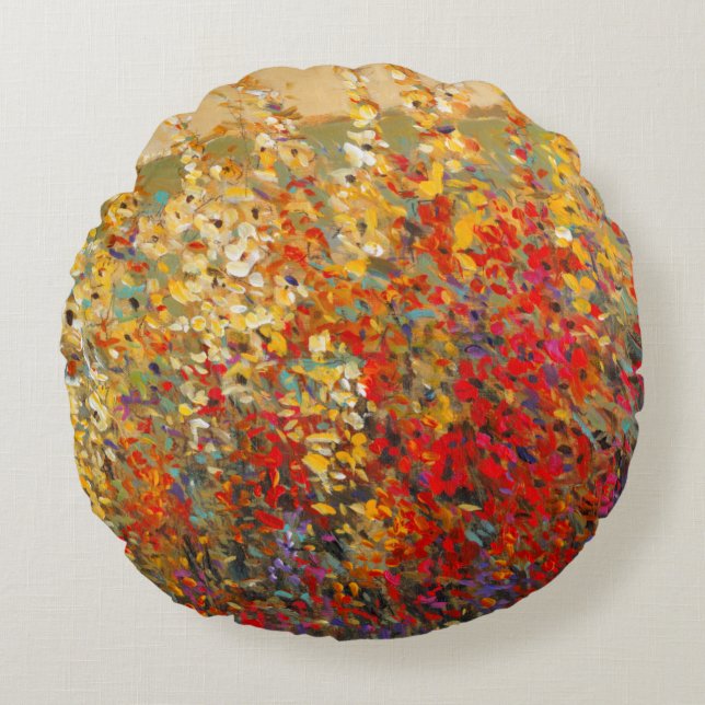 Helle Gartenmauer Frühlingsfest Wildblumen Rundes Kissen (Vorderseite)