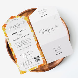 Helle gelb-orange Sommerblumen QR-Code Hochzeit All In One Einladung