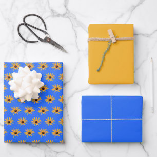 Helle, gelbe Blumen auf Royal Blue Geschenkpapier Set