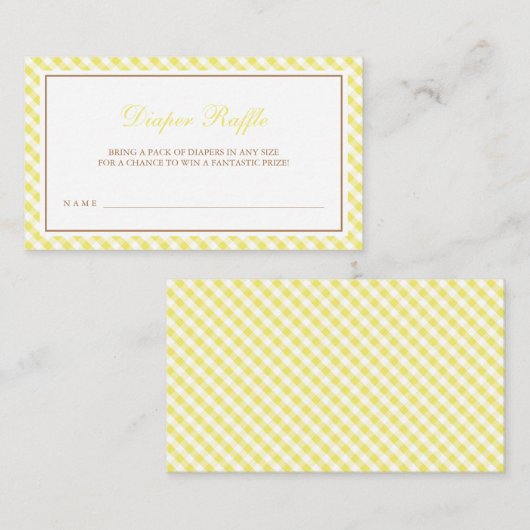 Helle gelbe Gingham Baby Dusche Windel Raffle Begleitkarte (Vorne/Hinten)