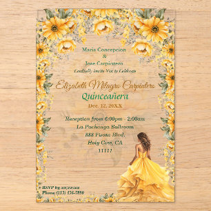 Helle gelbe Quinceañera-Blumengestaltung Acryleinladungen