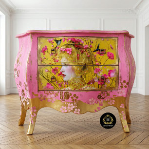 Helle gelbe rosa Blumen-Vogelkäfig-Hut-Decoupage Seidenpapier