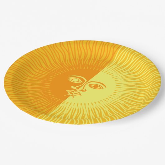 Helle, gelbe und orange Sonne mit Gesicht Pappteller (Schrägansicht)