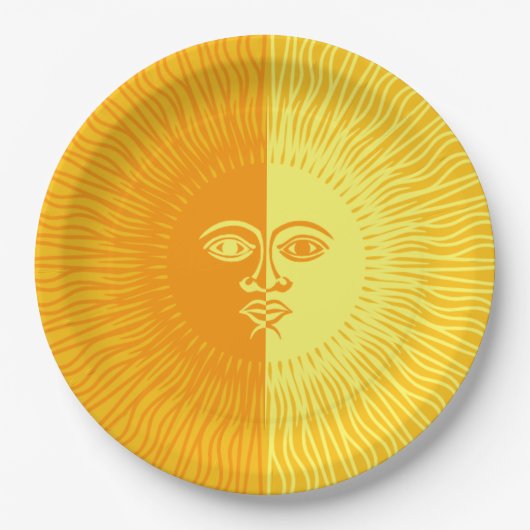 Helle, gelbe und orange Sonne mit Gesicht Pappteller (Vorderseite)