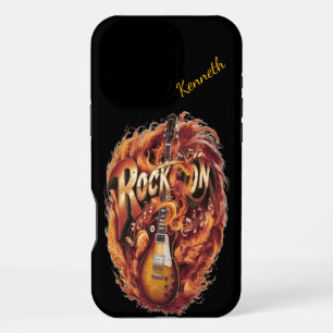 Helle Gitarre umgeben von Flammen und Noten iPhone 16 Pro Max Hülle