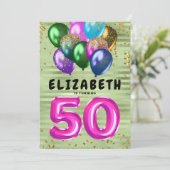 Helle Glitzer Balloons 50. Geburtstag Einladung (Stehend Vorderseite)
