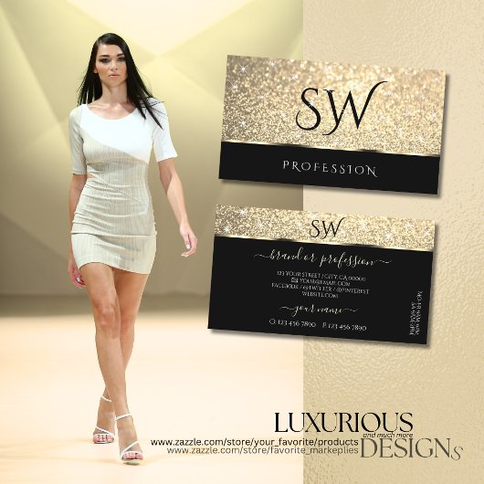 Helle Gold Glitzer Luminous Stars Initials Black Visitenkarte