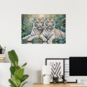 Helle Golden Tigers in einem blauen grünen Dschung Poster (Heimbüro)