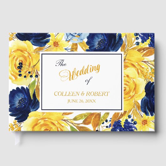Helle Goldmedaille Blue Floral Wedding Gästebuch (Vorderseite)