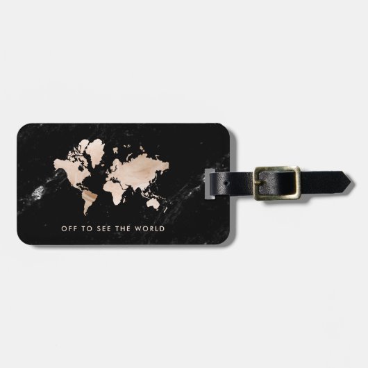 Helle GoldWeltkarte auf schwarzem Marmor Gepäckanhänger (Vorderseite horizontal)