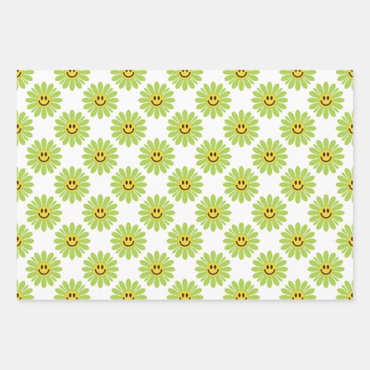 Helle grüne Daisy Floral Stripes Polka Dot Geschenkpapier Set (Vorderseite)
