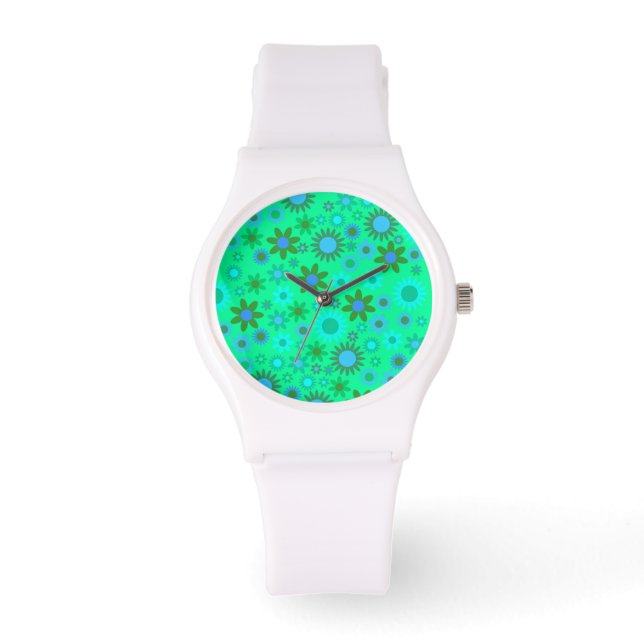Helle grüne Flower-Power-Muster Armbanduhr (Vorderseite)