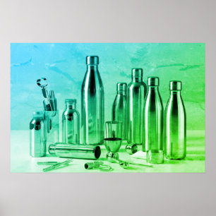 Helle grüne Stahlwasserflaschen an einer Retro-Wan Poster