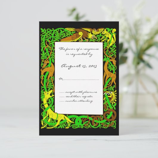 Helle Grüntöne Celtic Animals Design Hochzeit RSVP (Stehend Vorderseite)