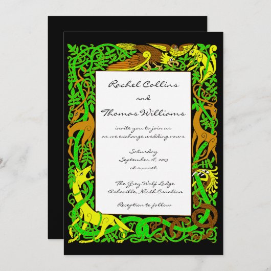 Helle Grüntöne Celtic Animals Hochzeitsfeier Einladung (Vorne/Hinten)