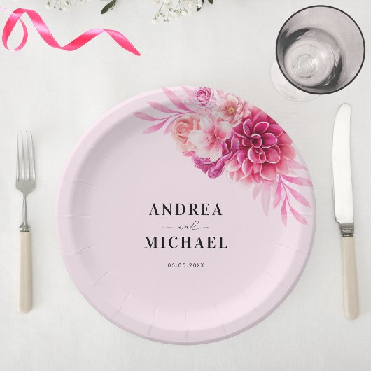 Helle Hot Pink Wasserfarbe Blumensommer Hochzeit Pappteller