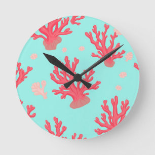 Helle Korallen-Türkis-Ozean-Einfache Nautilusthema Runde Wanduhr