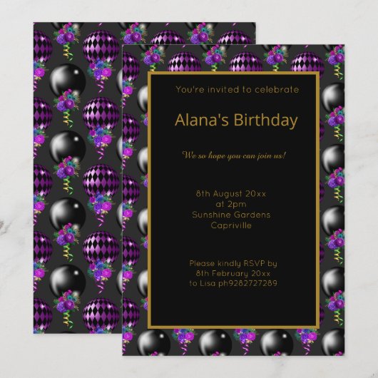 HELLE, LILA BALLOS ALLE AUFGABEN EINLADUNG (Vorne/Hinten)