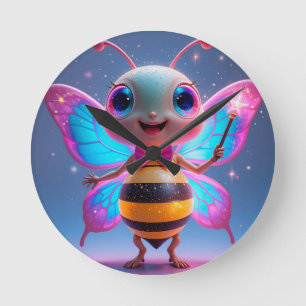 Helle magische Bienenfigur mit funkelnden Flügeln Runde Wanduhr
