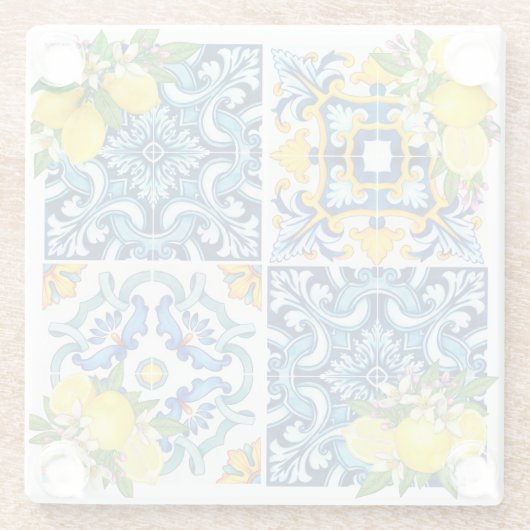 Helle mediterrane sizilianische Tiles Citrus Lemon Glasuntersetzer (Rückseite)
