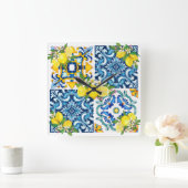 Helle mediterrane sizilianische Tiles Citrus Lemon Quadratische Wanduhr (Zuhause)