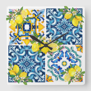 Helle mediterrane sizilianische Tiles Citrus Lemon Quadratische Wanduhr