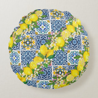 Helle mediterrane sizilianische Tiles Citrus Lemon Rundes Kissen