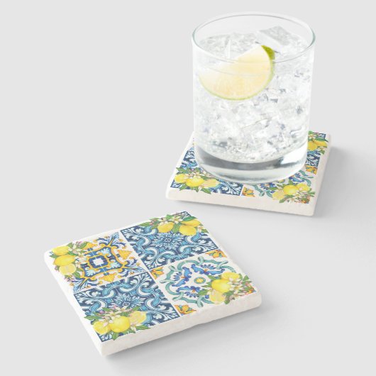 Helle mediterrane sizilianische Tiles Citrus Lemon Steinuntersetzer (Seitenansicht)