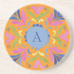 Helle mexikanische Blumen-Monogramm-Sandstein-Unte Getränkeuntersetzer
