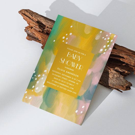 Helle, moderne, gelb-grüne Ölgemälde Babydusche Einladung