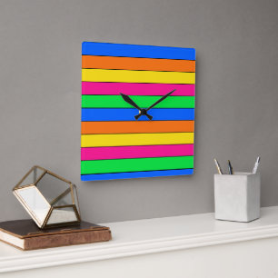 HELLE NEON FLUORO FARBEN PINK GELBE ORANGE LINIEN QUADRATISCHE WANDUHR