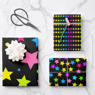 Helle Neon Stars auf schwarz Geschenkpapier Set