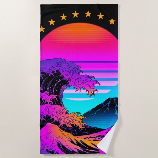 Helle Neon Wave Crash Berg Retro Strandtuch (Vorderseite)