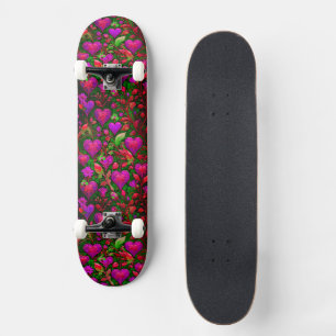 Helle Neonrosa Herzen und grüne Blumenmuster Skateboard