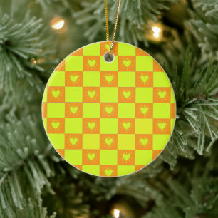 Helle Orange Grüne Karierte Fliese Mit Herzen Keramik Ornament