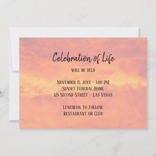 Helle Orange Sonnenuntergang Feier des Lebens Einladung (Rückseite)