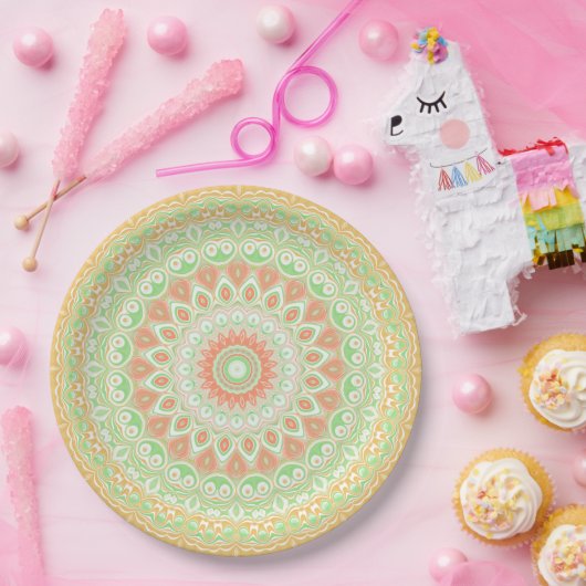 Helle Orange und grünes Sommerkaleidoskop Pappteller (Party)