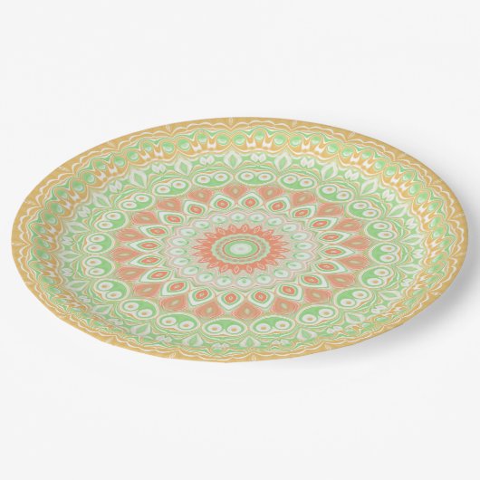 Helle Orange und grünes Sommerkaleidoskop Pappteller (Schrägansicht)